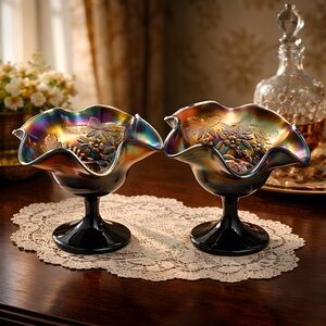 Set of 2 Antique Red Fenton Carnival Compote Dishes